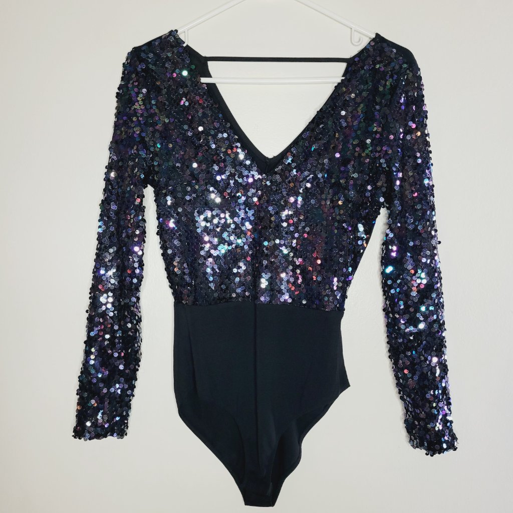 Sequin Bodysuit Size Xs Black And Multicolor Snap Closure Long Sleeve V-Neck